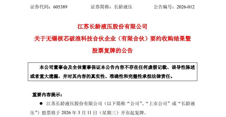 长龄液压股权结构迎来重大调整,核芯破浪成功通过要约收购获得控制权;公司股票今日复牌,市场关注后续治理变化。 股票财经